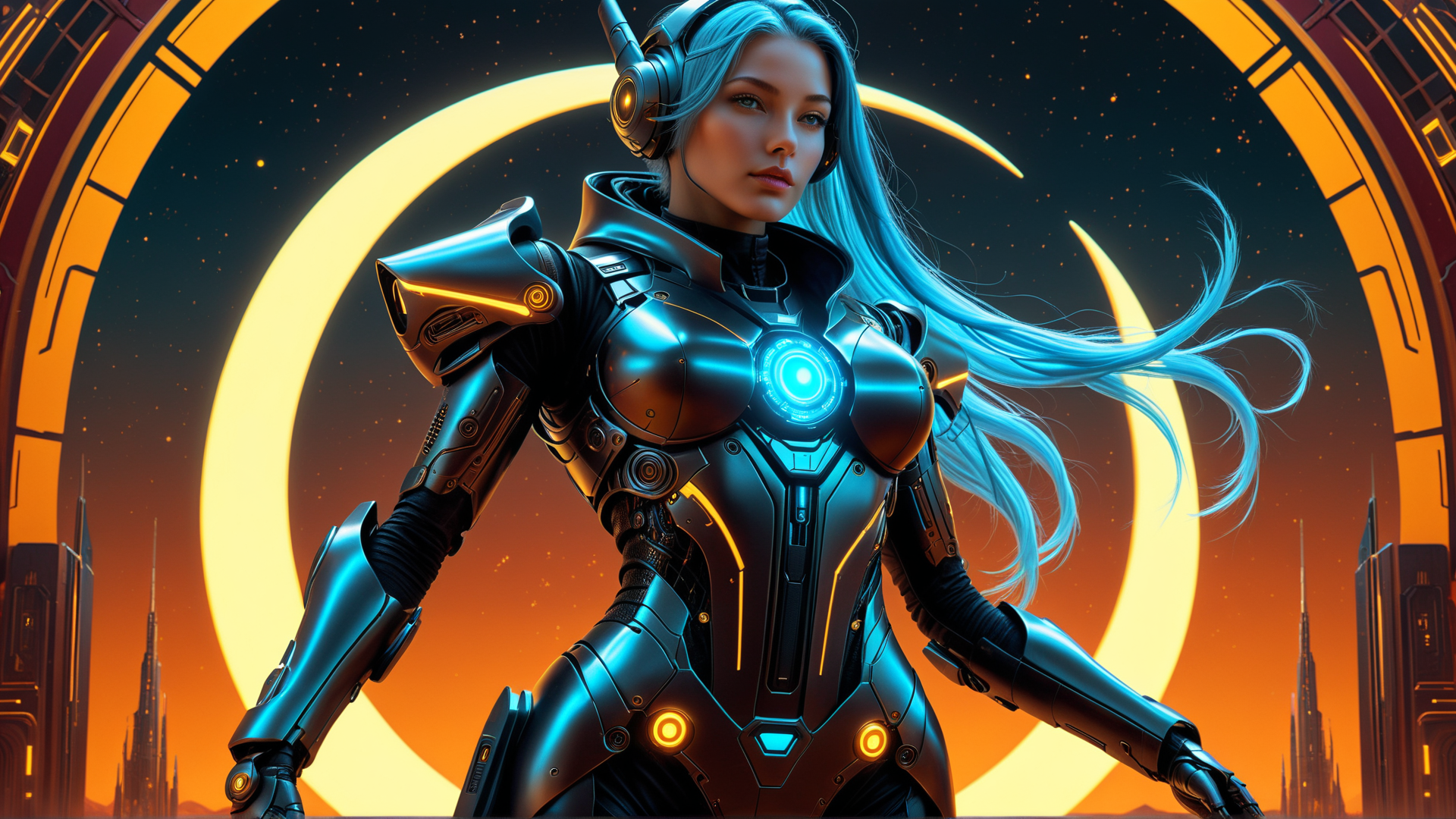 AI generated wallpaper featuring cyborg, woman, armor, helmet, neon, cityscape, sailor, sci-fi, character, goggles