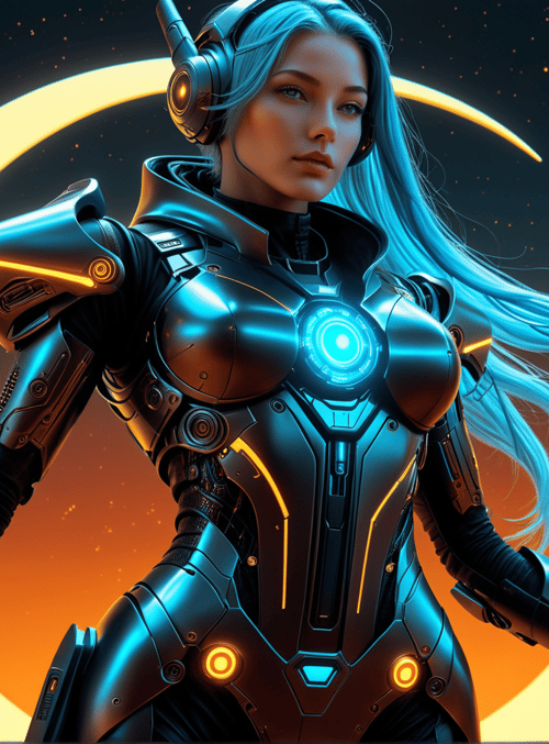 cyborg, woman, armor, helmet, neon, cityscape, sailor, sci-fi, character, goggles