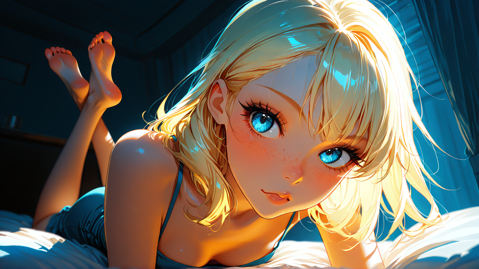 AI generated wallpaper featuring girl, bed, legs, hair, eyes, sunlight, clothing, room, feet, blouse