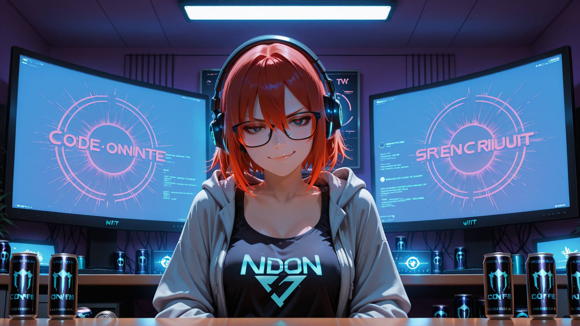AI generated wallpaper featuring woman, headphones, monitors, cans, glasses, hoodie, tshirt, workspace, desk, computer