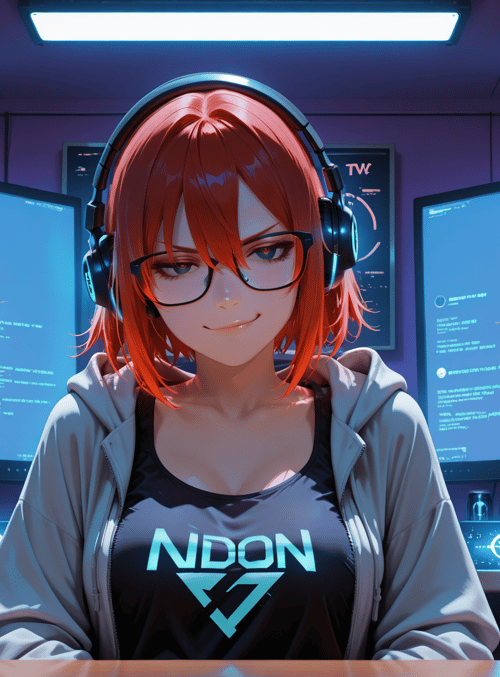 woman, headphones, monitors, cans, glasses, hoodie, tshirt, workspace, desk, computer