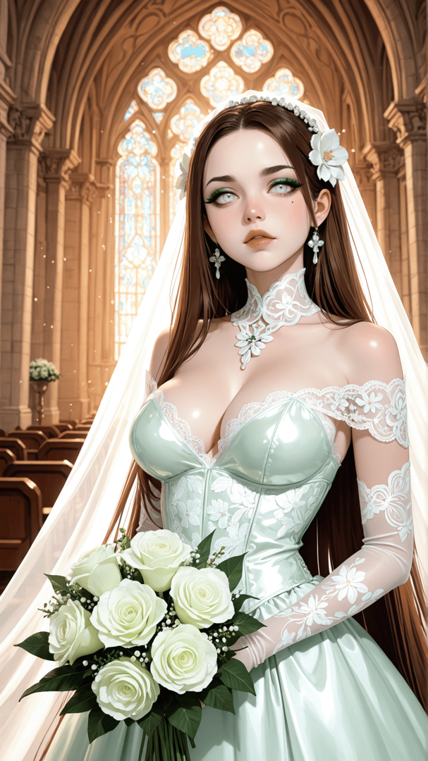 AI generated wallpaper featuring bride, dress, veil, roses, church, chapel, stained glass, gown, headpiece, bouquet