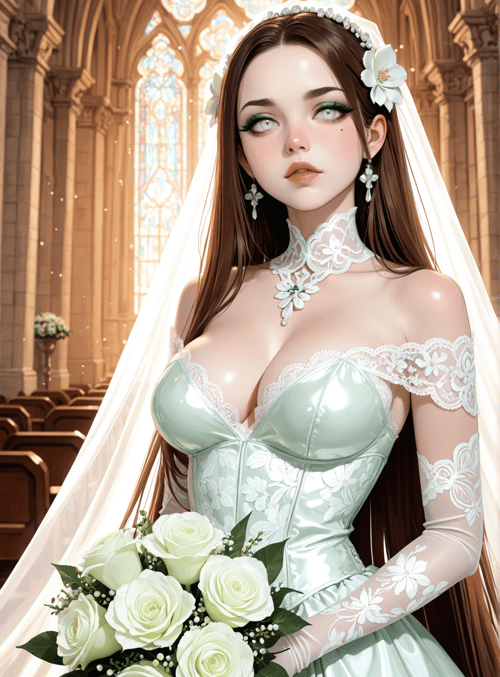 bride, dress, veil, roses, church, chapel, stained glass, gown, headpiece, bouquet