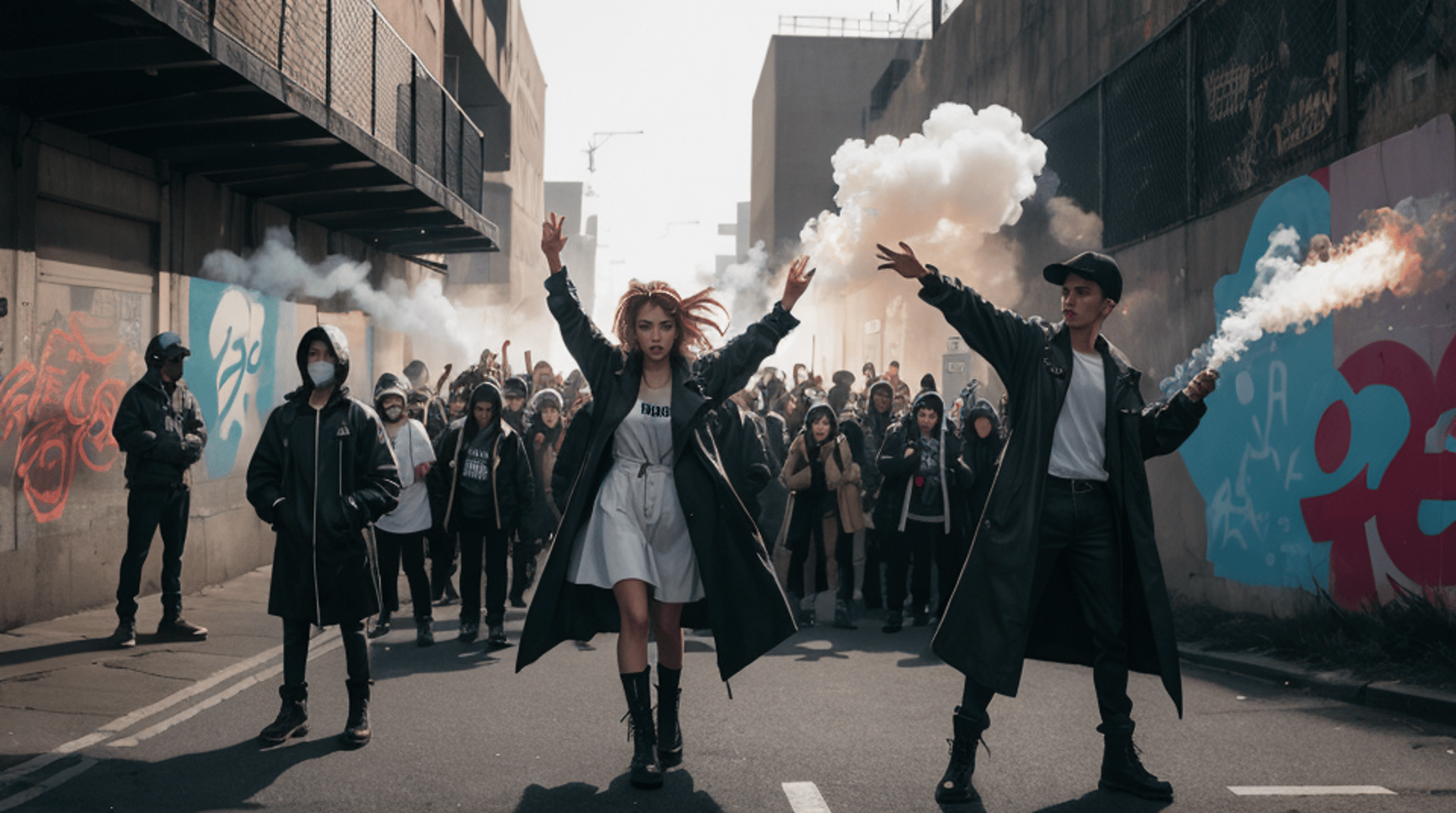 AI generated wallpaper featuring people, protest, smoke