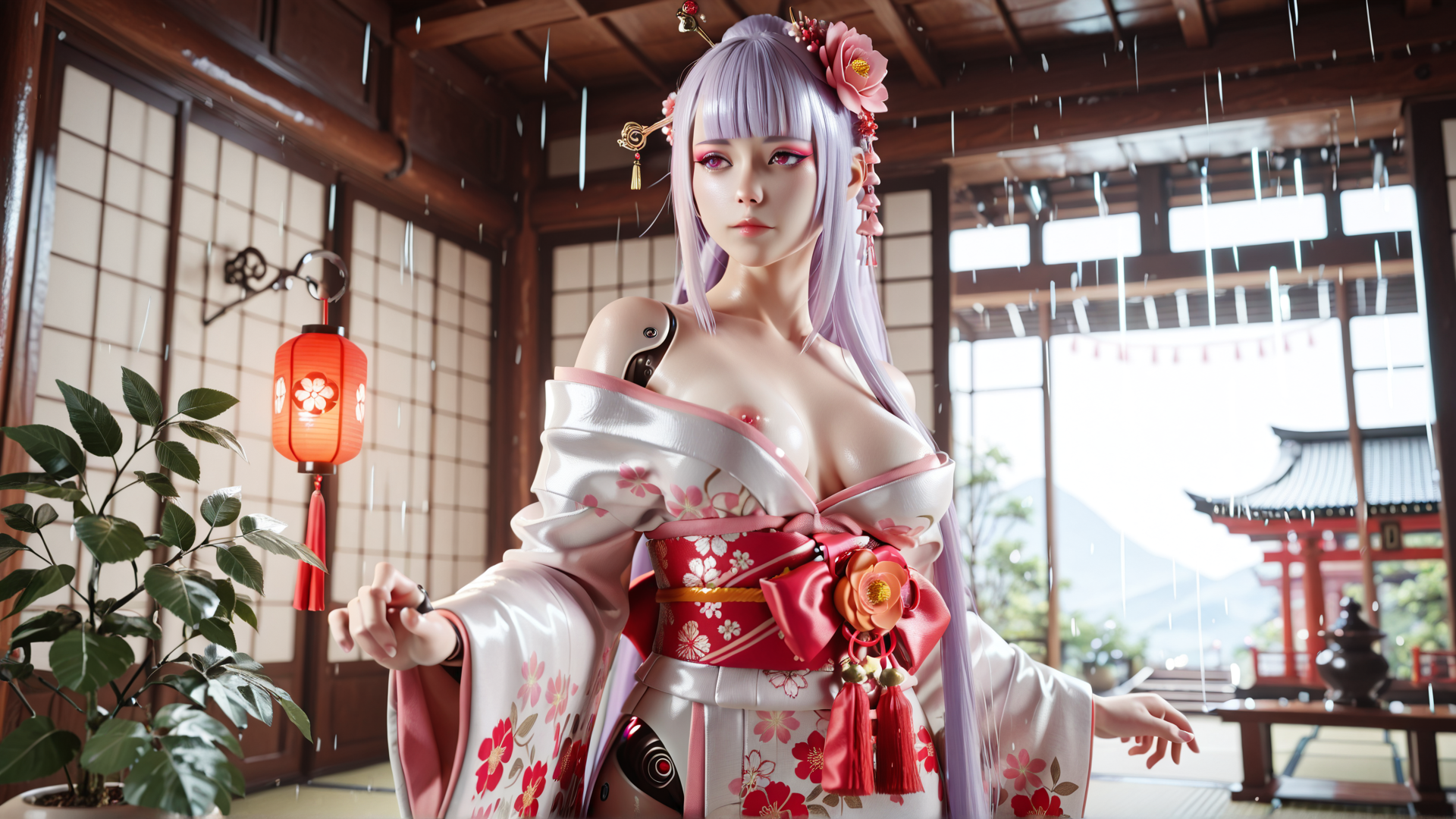 AI generated wallpaper featuring woman, kimono, flower, lantern, rain, sakura, garden, traditional, anime, cyberpunk