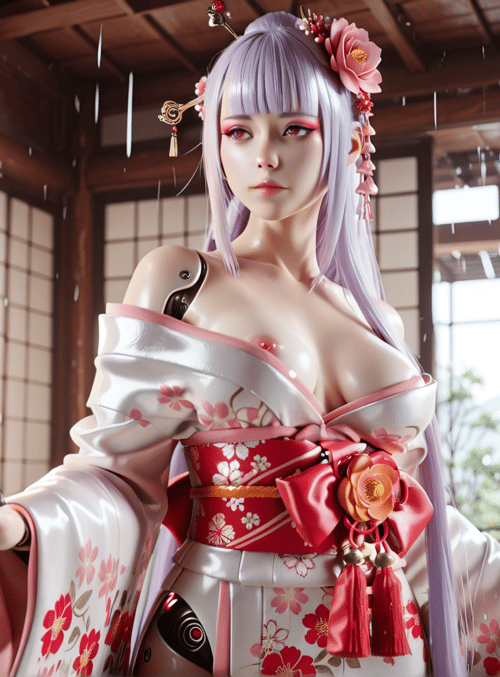 woman, kimono, flower, lantern, rain, sakura, garden, traditional, anime, cyberpunk
