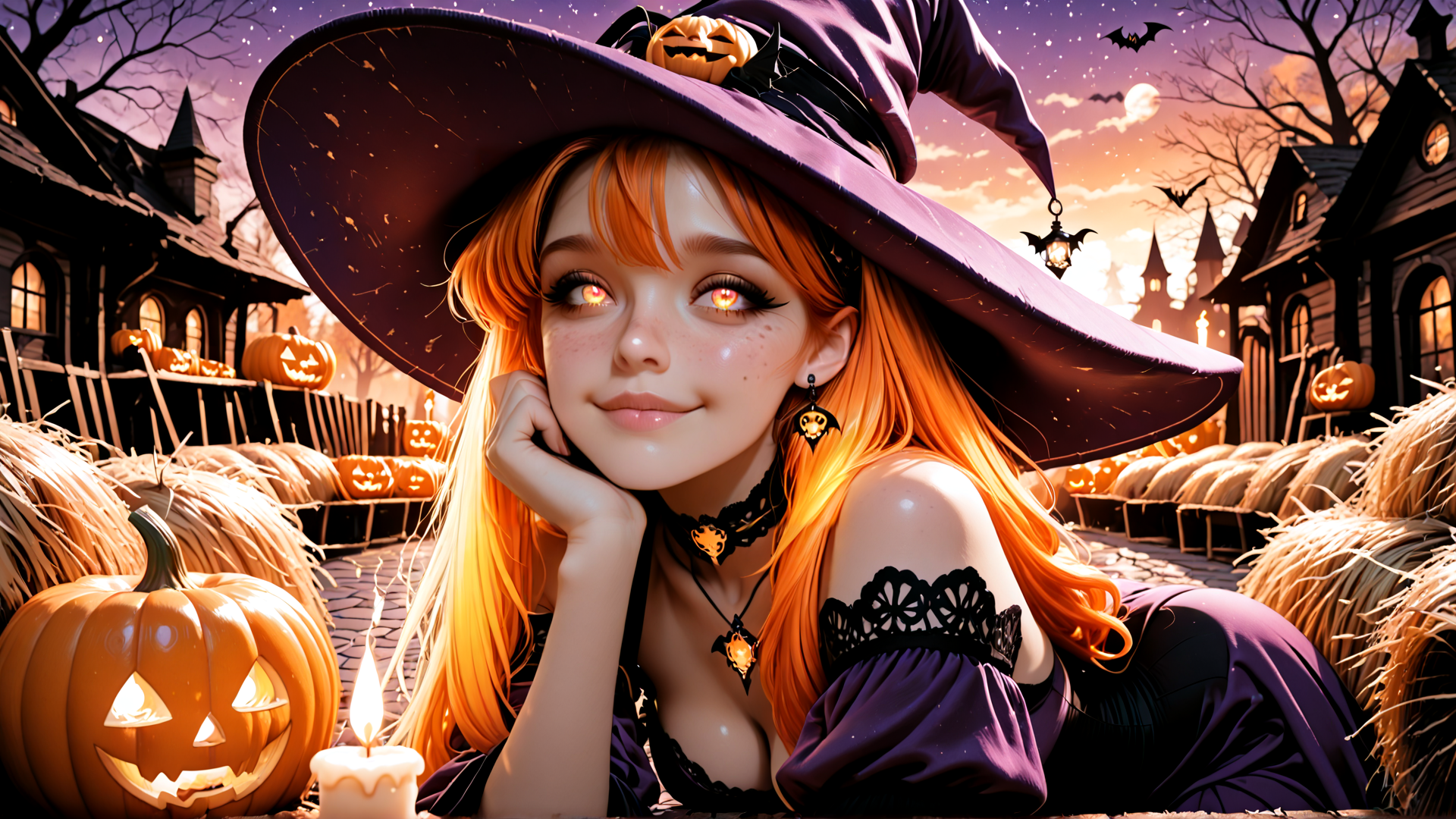AI generated wallpaper featuring witch, pumpkin, candle, straw, house, moon, bat, hat, earrings, choker