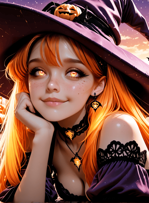 witch, pumpkin, candle, straw, house, moon, bat, hat, earrings, choker