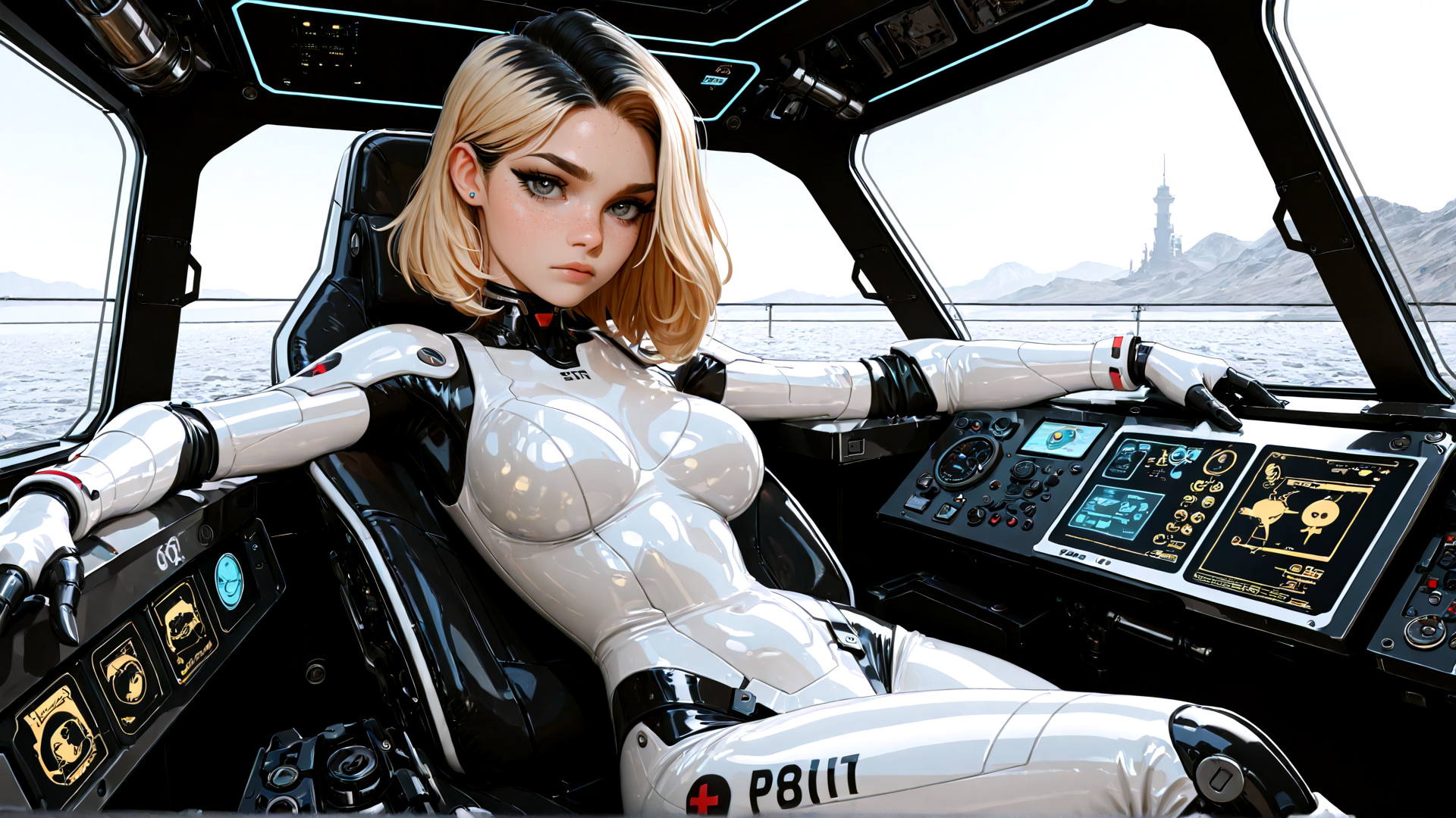 AI generated wallpaper featuring robot, pilot, spaceship, cockpit, sailor, cyborg