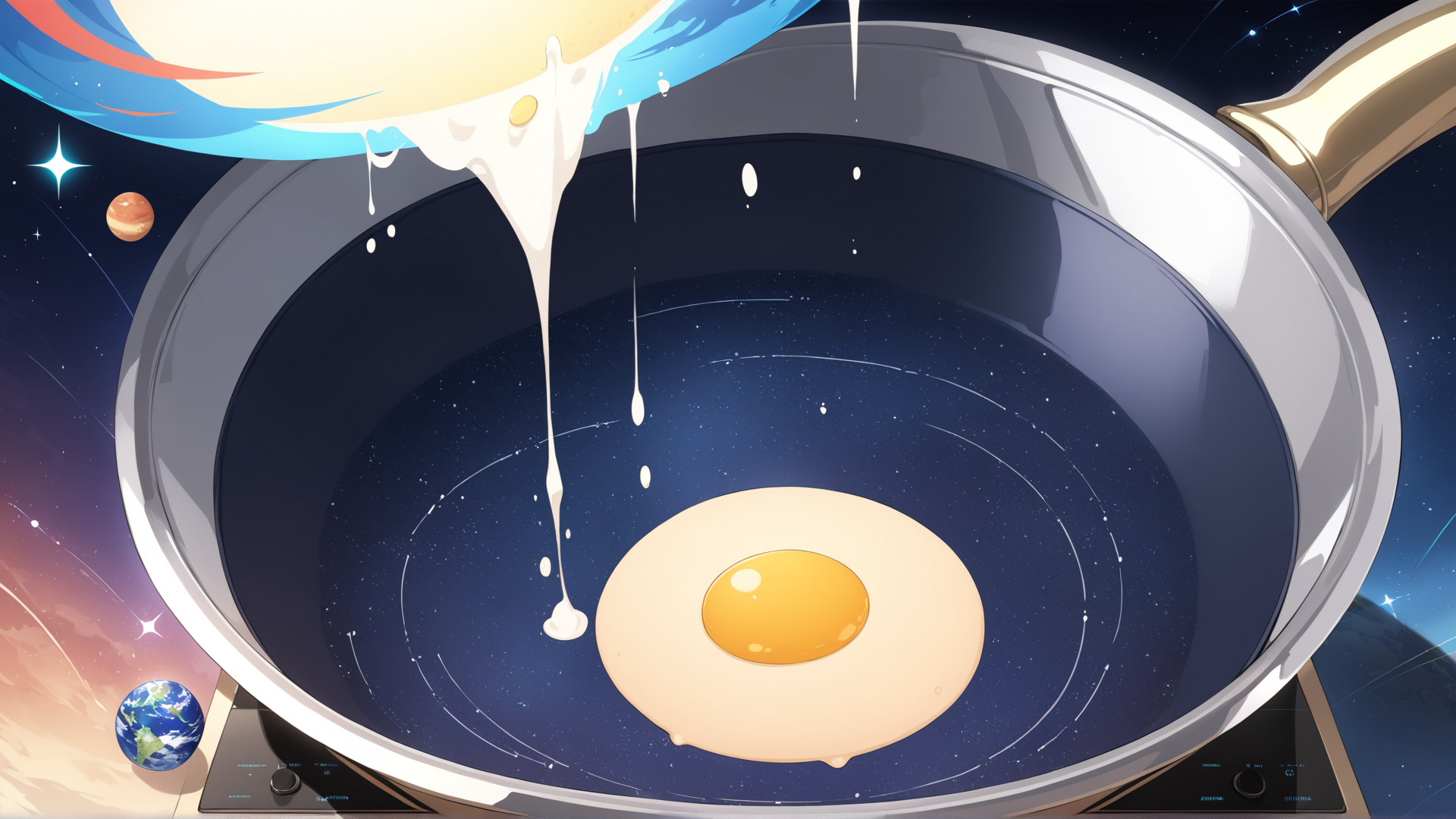 AI generated wallpaper featuring egg, pan, universe