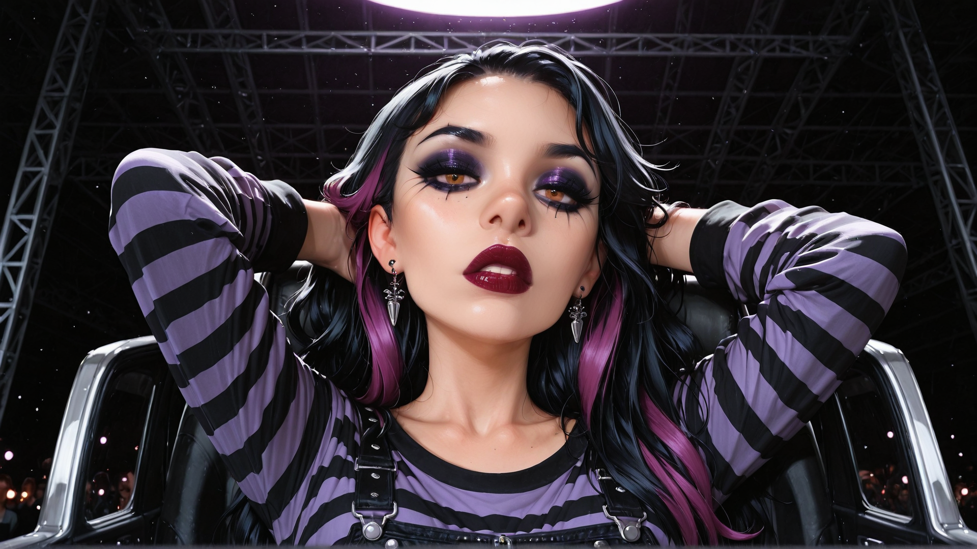 AI generated wallpaper featuring woman, hair, striped shirt, earrings, car, stage