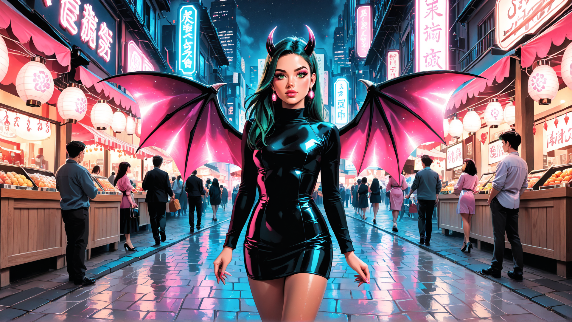 AI generated wallpaper featuring woman, devil, dragon, market, city, people, lantern, neon, sign, building