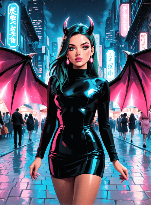 woman, devil, dragon, market, city, people, lantern, neon, sign, building