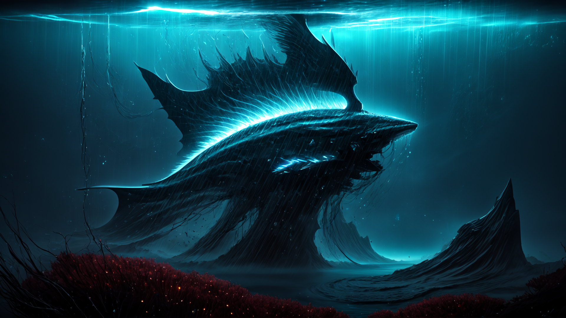 AI generated wallpaper featuring shark, ocean, creature, underwater, waves, bioluminescence, marine, monster, reef, deep sea