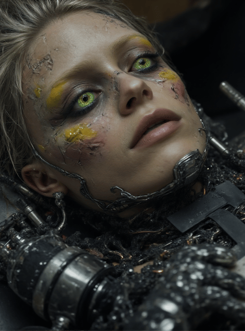 woman, mechanical, tattoo, gloved, chain, scroll, metal, circuit, cyborg, tool
