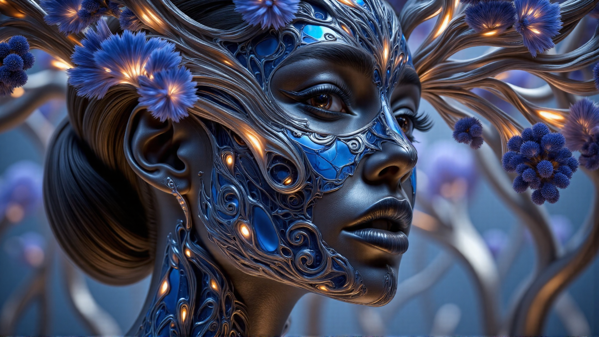 AI generated wallpaper featuring woman, face, flowers, hair, light, ornament, blue, tree, earring, crown