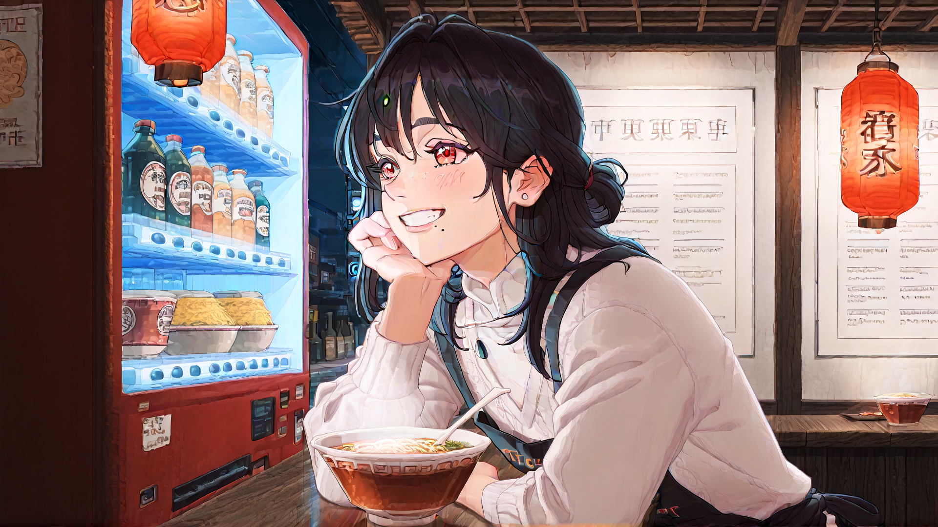 AI generated wallpaper featuring girl, noodle, lantern, refrigerator, menu, bowl, sweater, earring, drink, apron