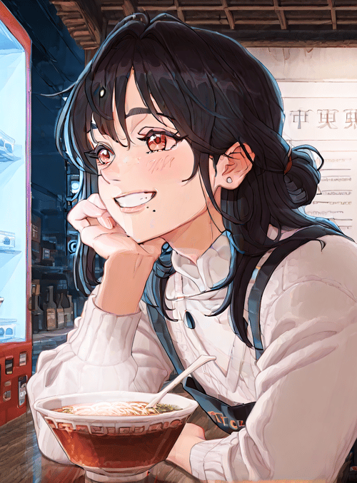 girl, noodle, lantern, refrigerator, menu, bowl, sweater, earring, drink, apron