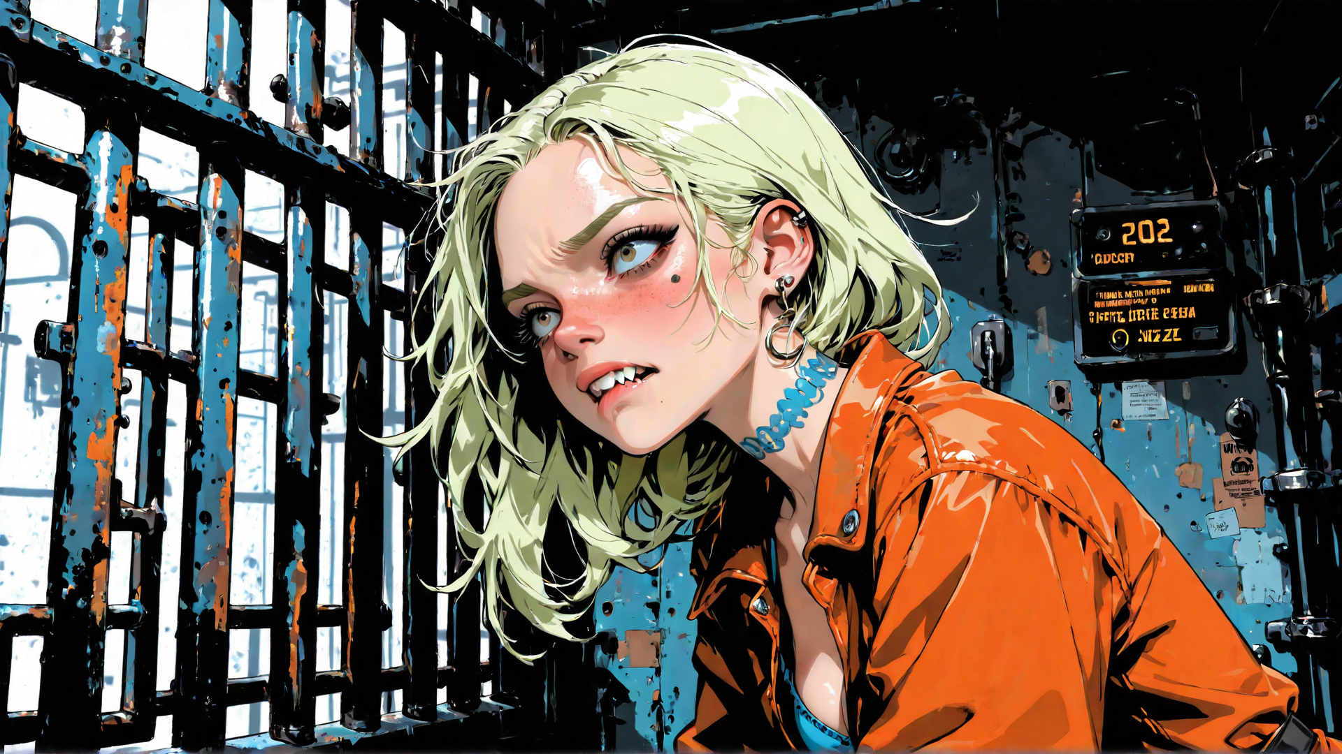 AI generated wallpaper featuring woman, blonde, orange jacket, earring, gated window, blue wall, digital display, piercing, necklace, hair