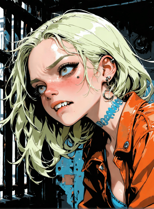 woman, blonde, orange jacket, earring, gated window, blue wall, digital display, piercing, necklace, hair