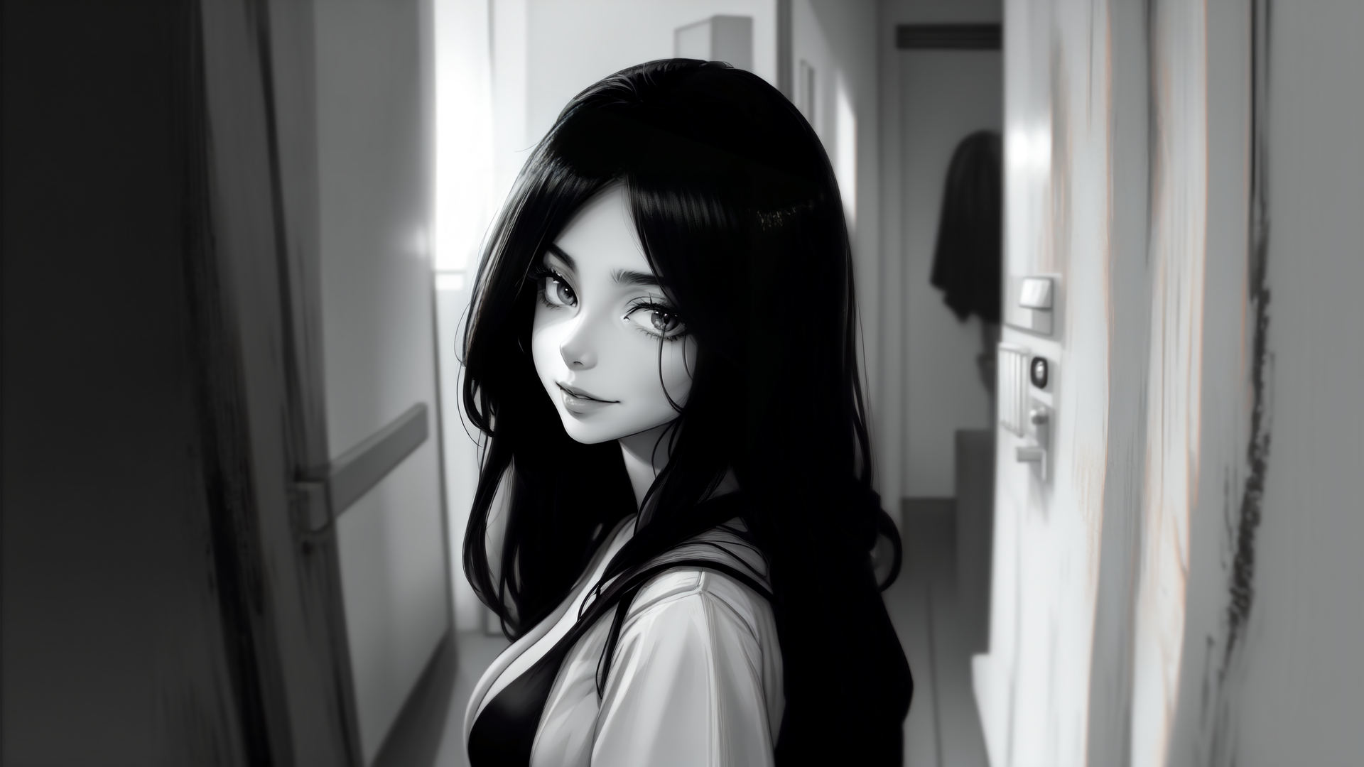 AI generated wallpaper featuring woman, anime, corridor