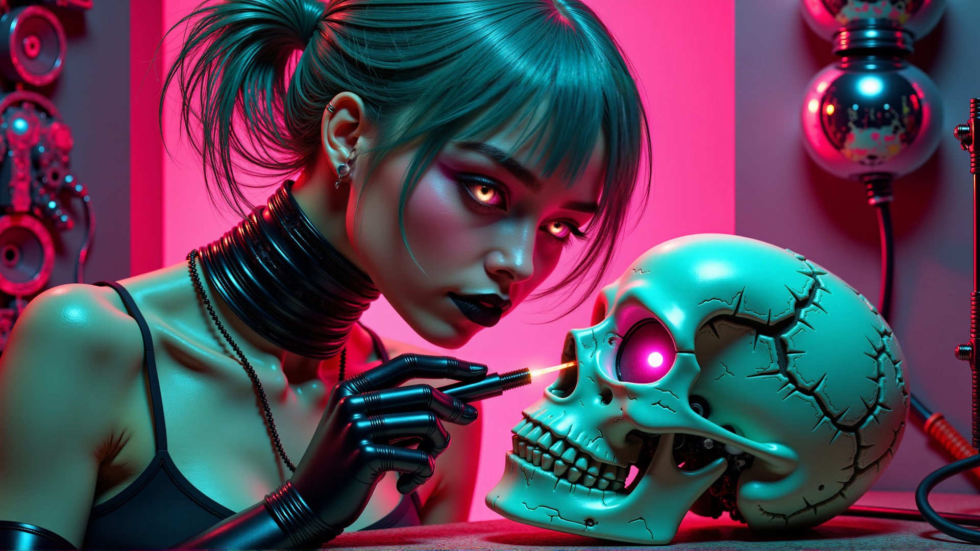 AI generated wallpaper featuring cyberpunk woman, skull