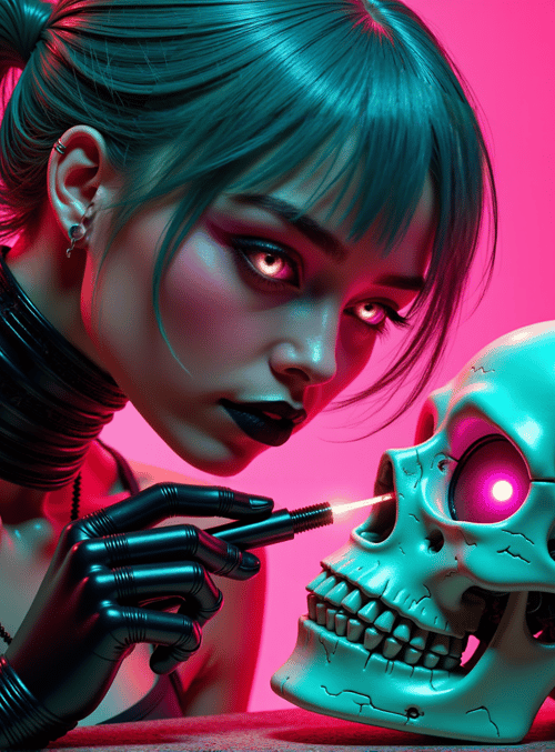 cyberpunk woman, skull