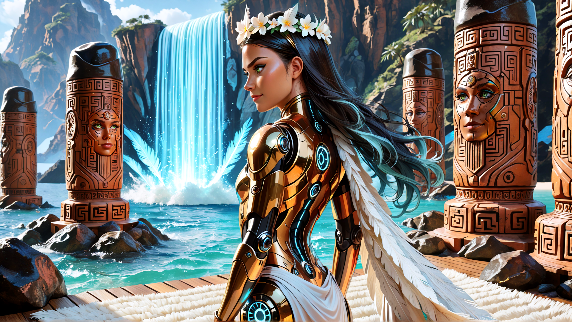 AI generated wallpaper featuring woman, mechanical armor, feathered cloak, tiki totem, waterfall, ocean, rock
