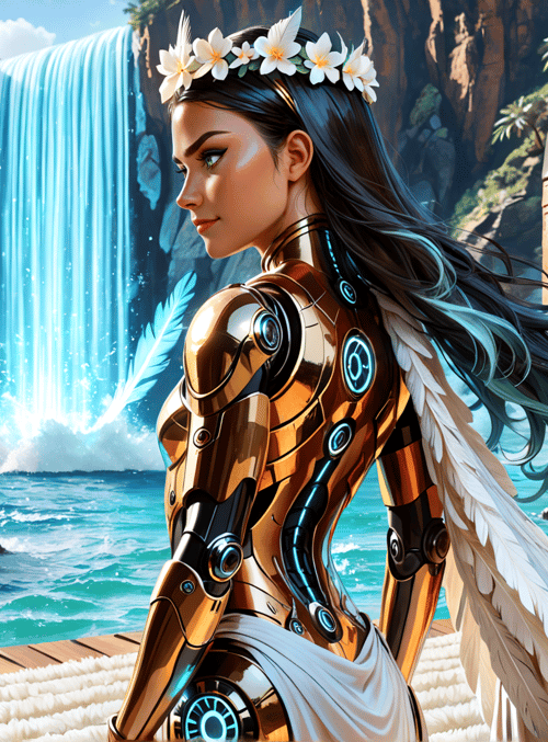woman, mechanical armor, feathered cloak, tiki totem, waterfall, ocean, rock