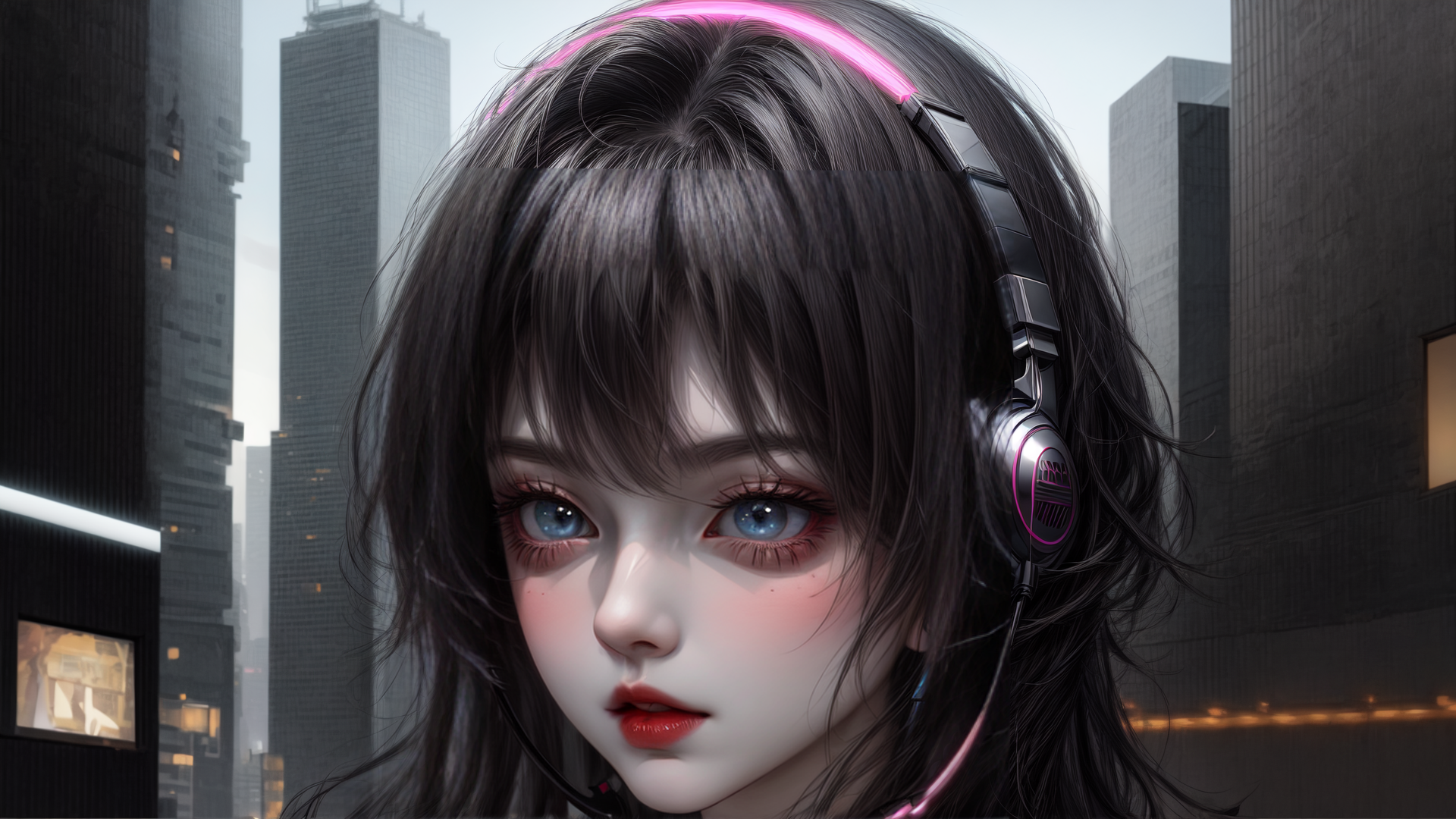 AI generated wallpaper featuring girl, headphones, city