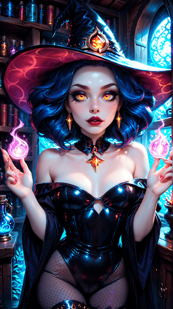 AI generated wallpaper featuring witch, hat, flame, bottle, book, jewelry, robe, hair, earrings, choker