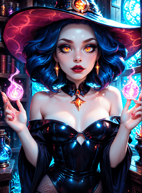 witch, hat, flame, bottle, book, jewelry, robe, hair, earrings, choker