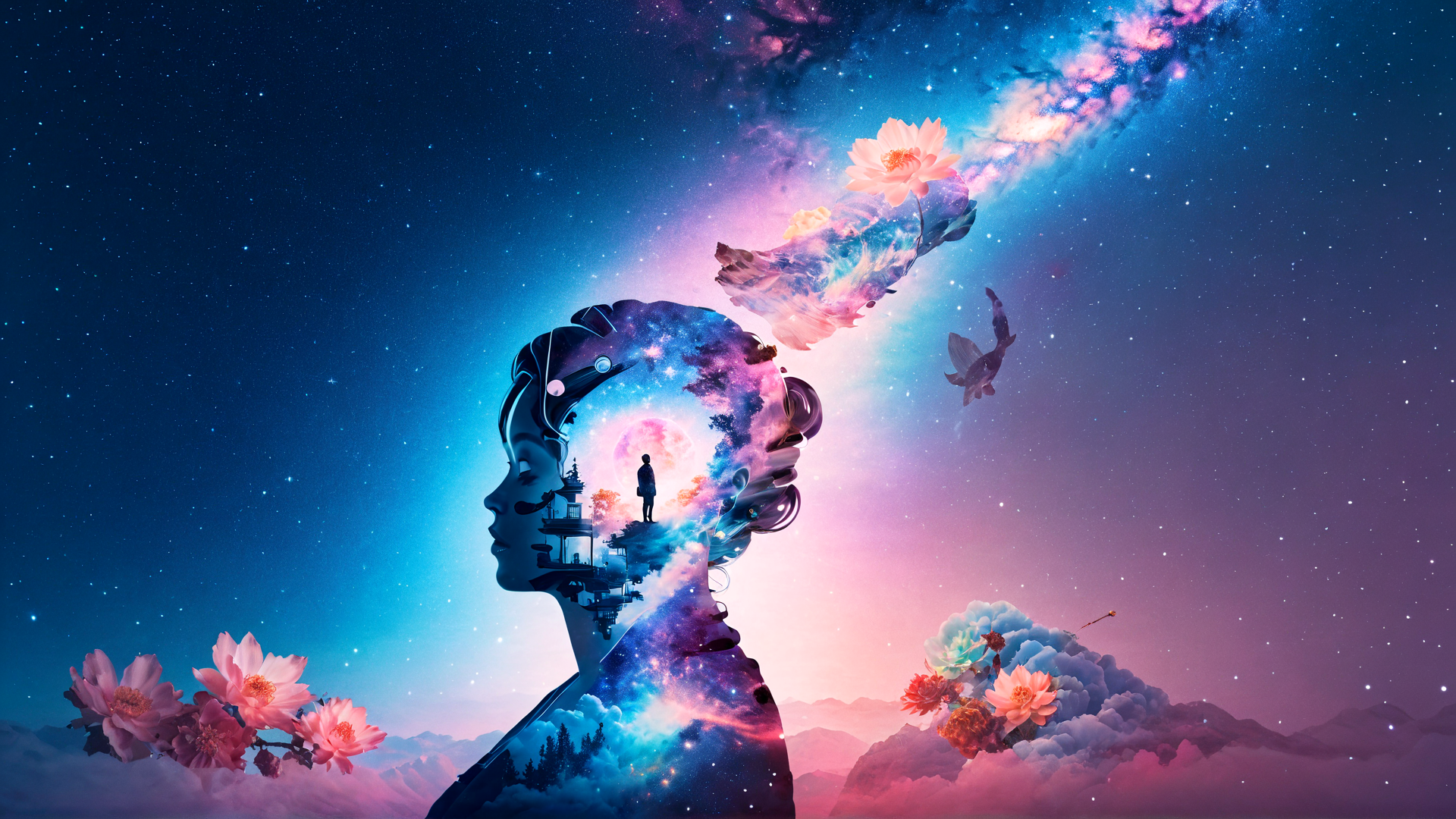 AI generated wallpaper featuring silhouette, galaxy, flower, person, dragon, mountain, cloud, lotus, star, tower