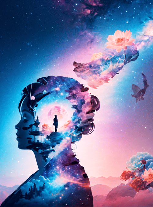 silhouette, galaxy, flower, person, dragon, mountain, cloud, lotus, star, tower