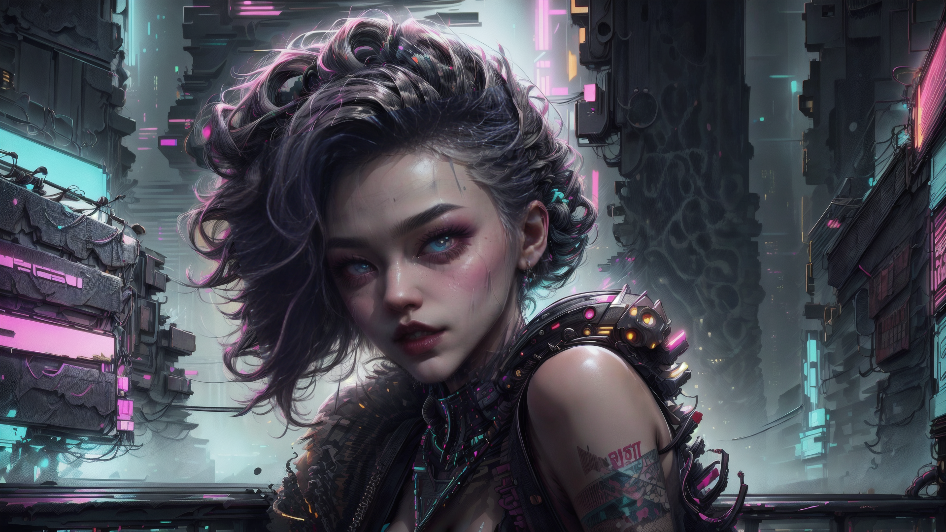 AI generated wallpaper featuring woman, cyberpunk, neon