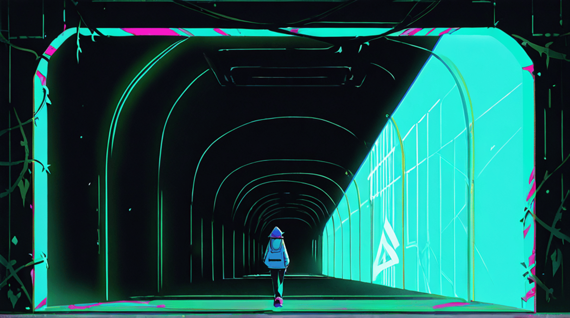 AI generated wallpaper featuring person, tunnel, vines