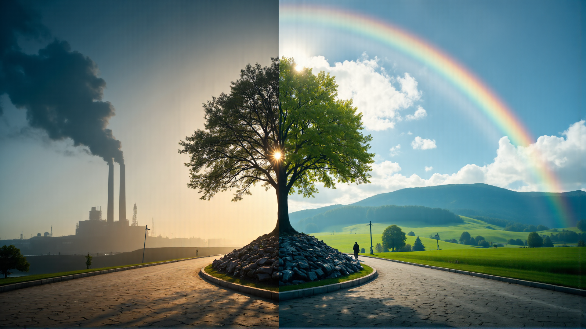 AI generated wallpaper featuring tree, industrial plant, landscape