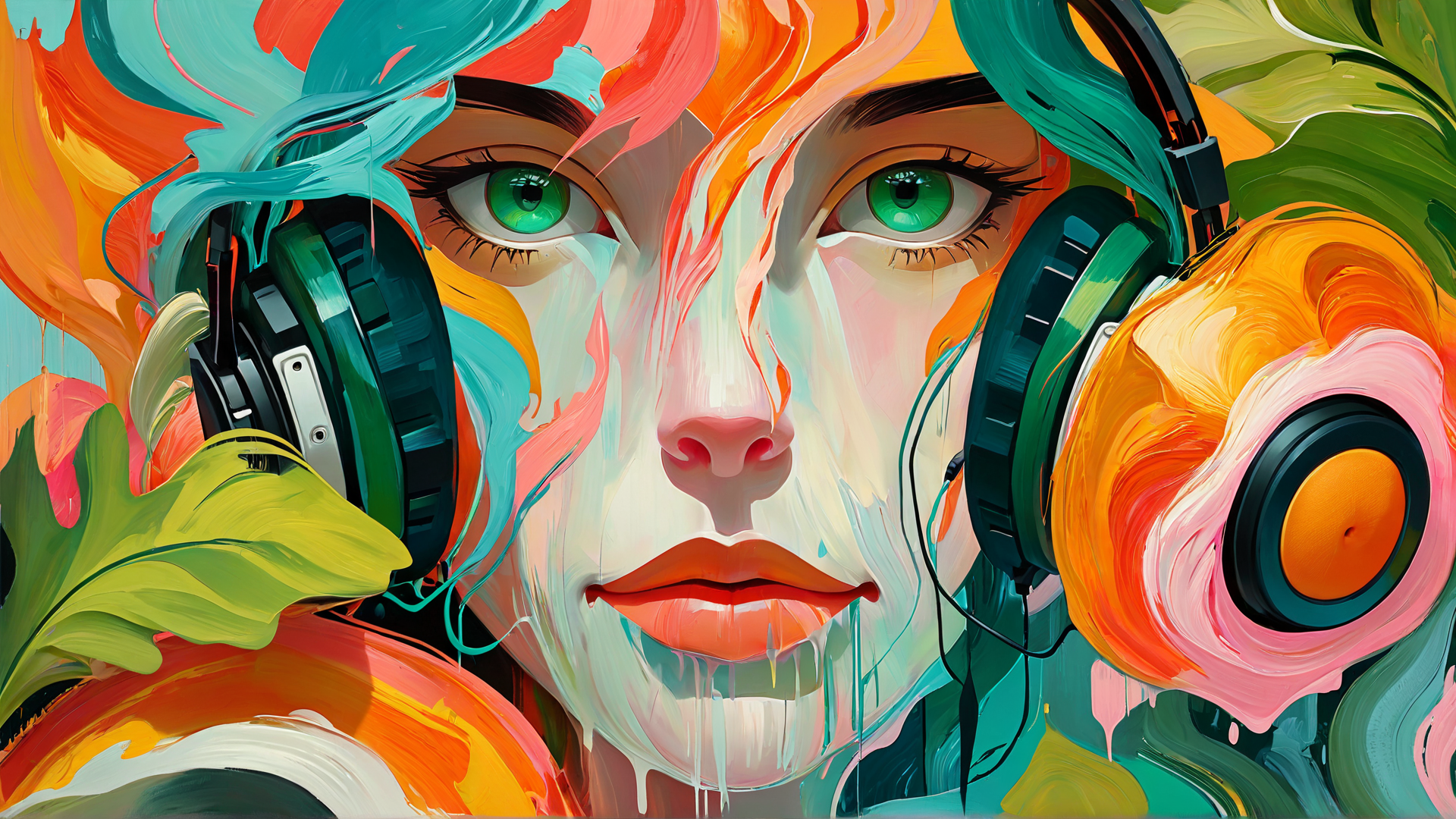 AI generated wallpaper featuring face, headphones, hair, leaf