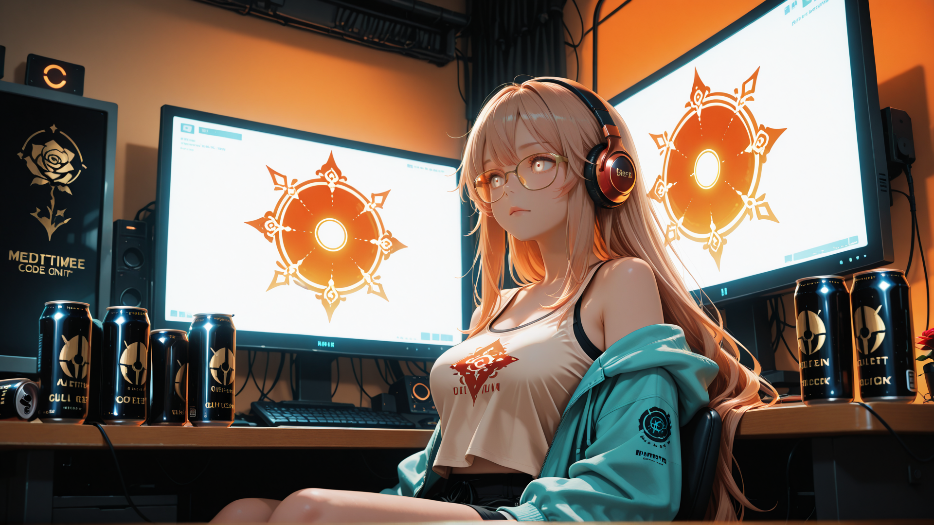 AI generated wallpaper featuring girl, gamer, headphones, computer, monitor, can, hoodie, glasses, desk, screen