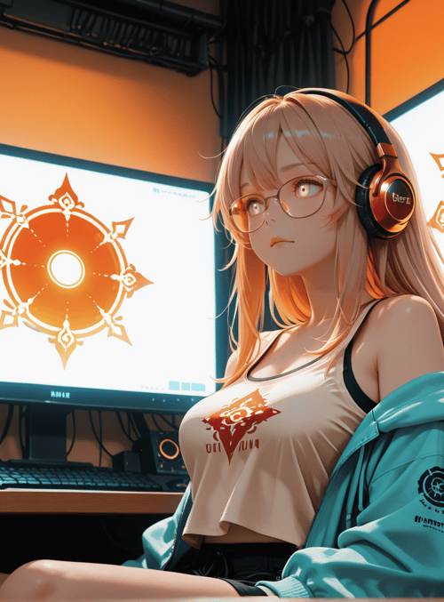 girl, gamer, headphones, computer, monitor, can, hoodie, glasses, desk, screen