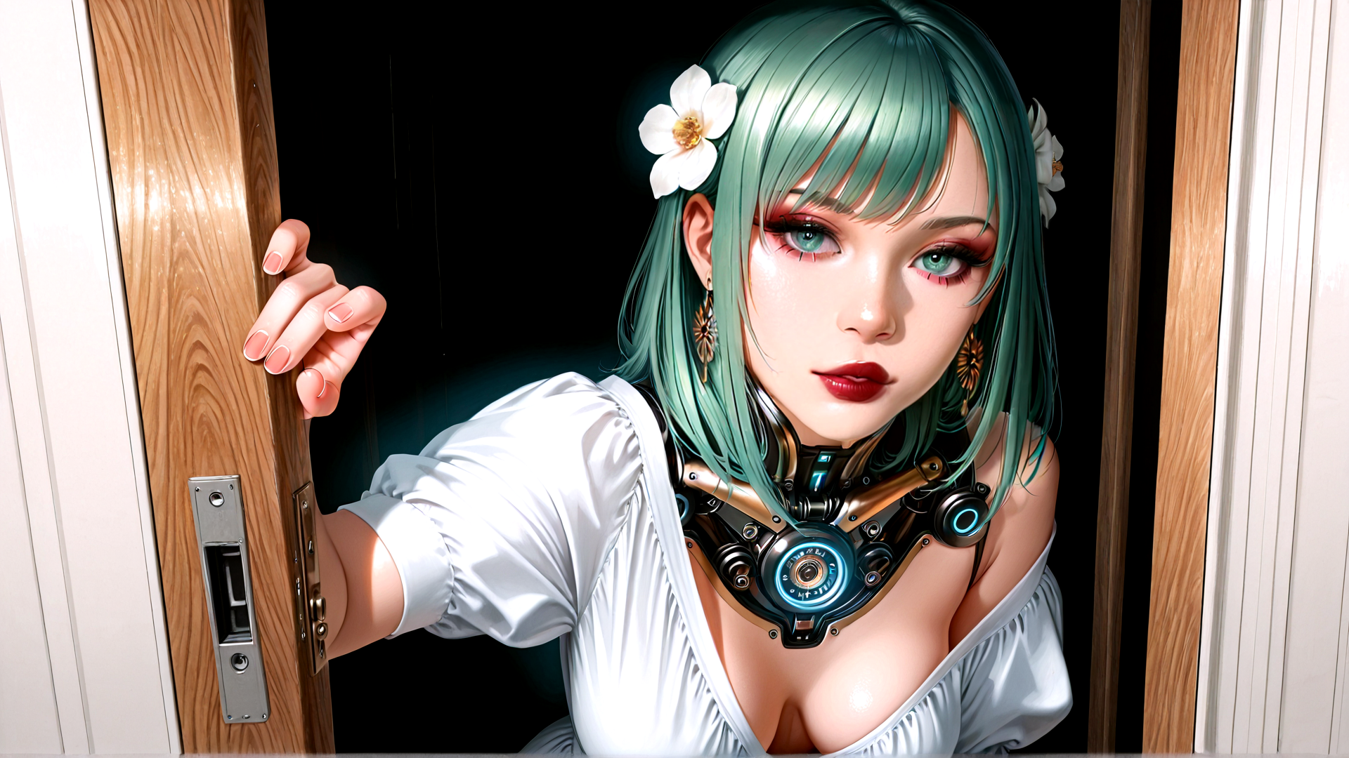 AI generated wallpaper featuring woman, robot, door, flower, necklace