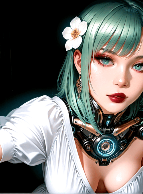 woman, robot, door, flower, necklace