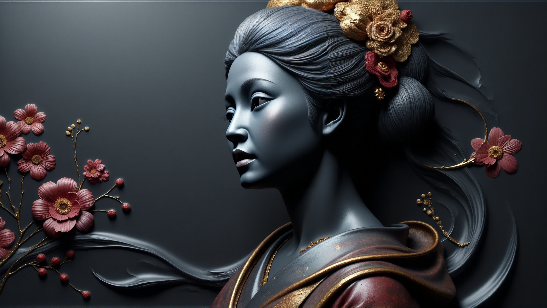 AI generated wallpaper featuring woman, statue, flowers