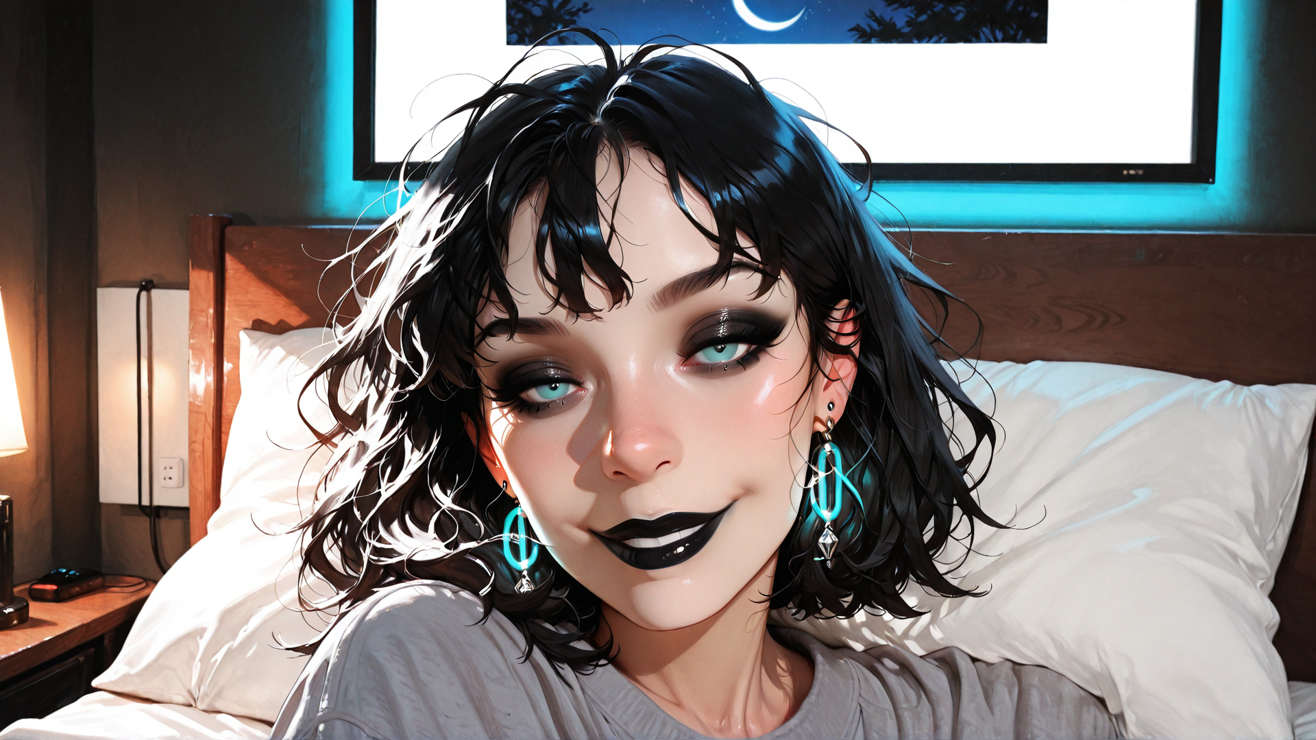 AI generated wallpaper featuring woman, bed, headboard, pillow, lamp, earring, hair, shirt, moon, art