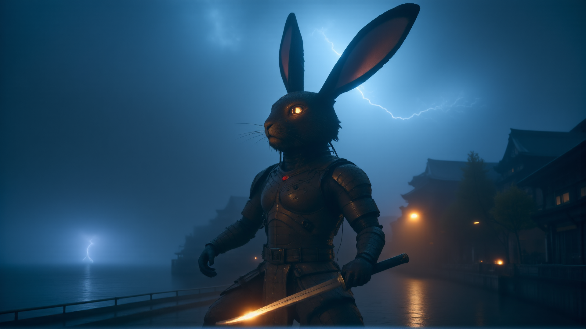 AI generated wallpaper featuring rabbit, samurai, armor, sword, storm, building