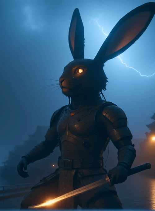 rabbit, samurai, armor, sword, storm, building