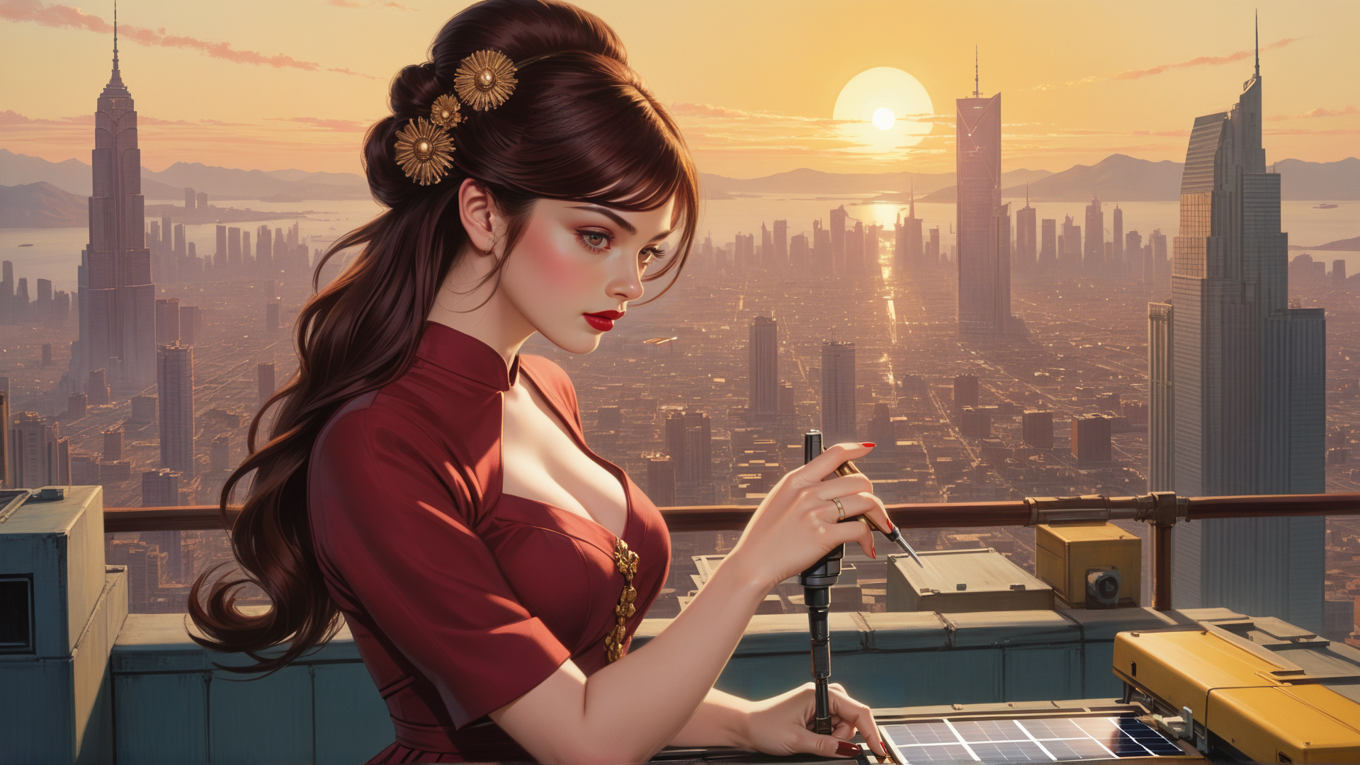 AI generated wallpaper featuring woman, cityscape, solar panel