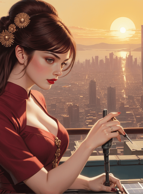 woman, cityscape, solar panel
