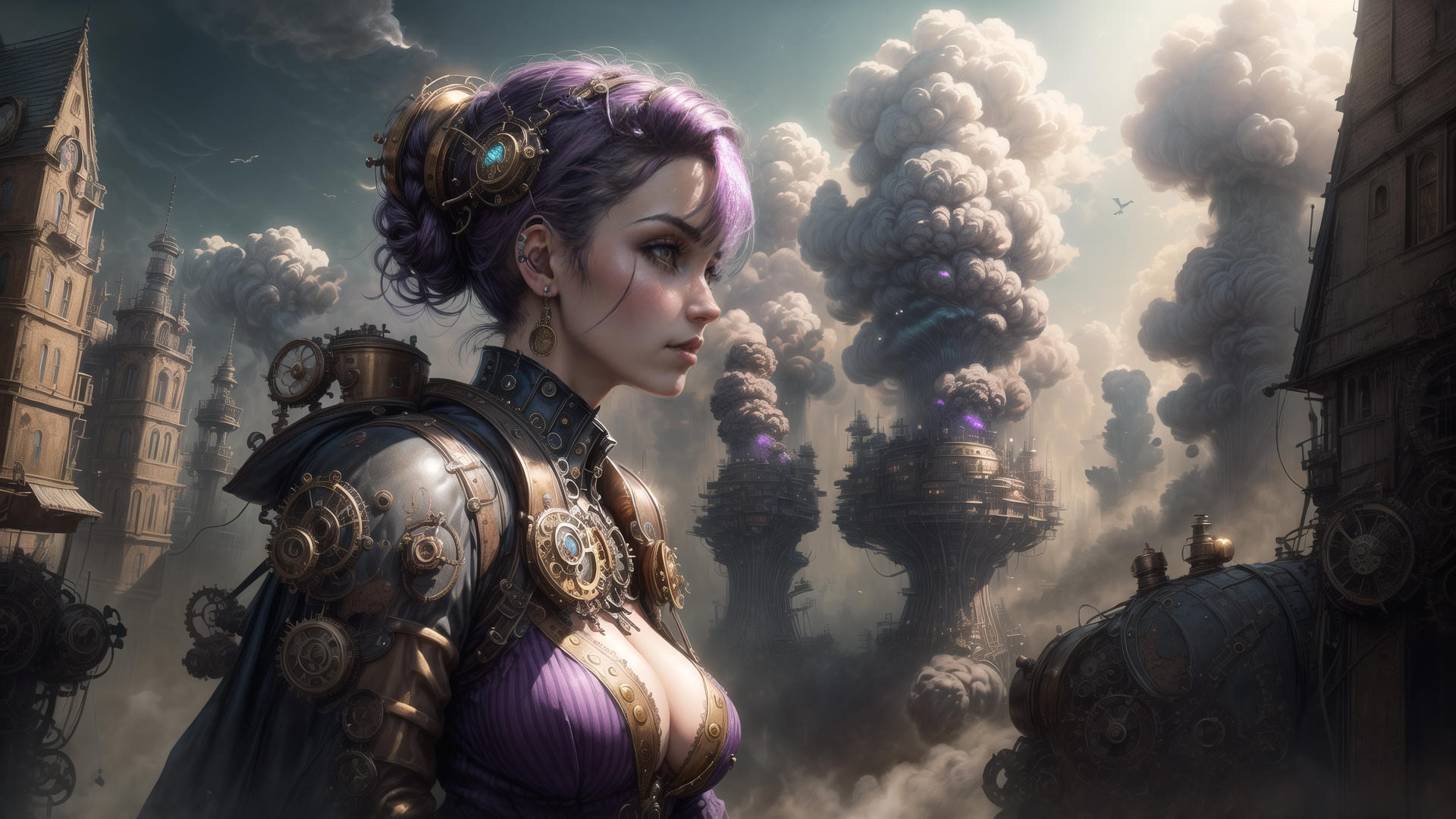 AI generated wallpaper featuring woman, steampunk, cityscape