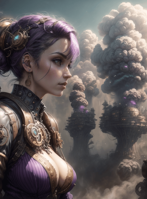woman, steampunk, cityscape